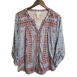 Style & Company Print Roll-tab Sleeve Button Front Shirt Top Women's 1X